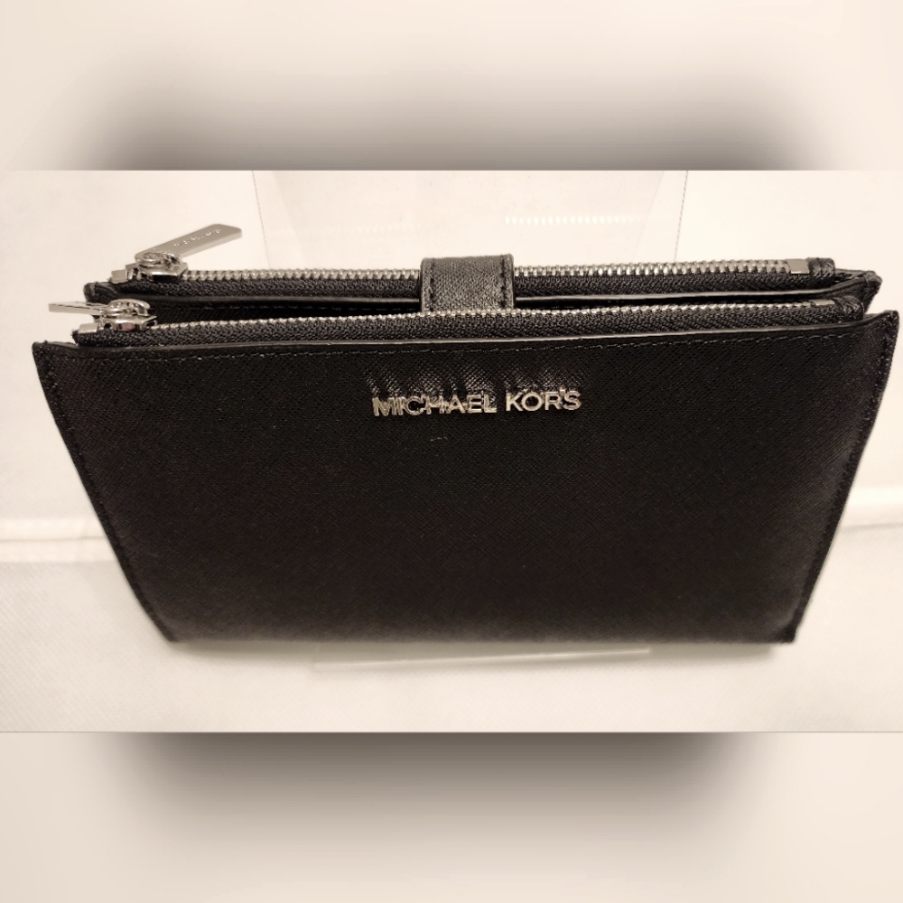 NWOT Michael Kors Jet Set Travel Double zip wristlet Leather wallet Black Silver - Picture 4 of 15